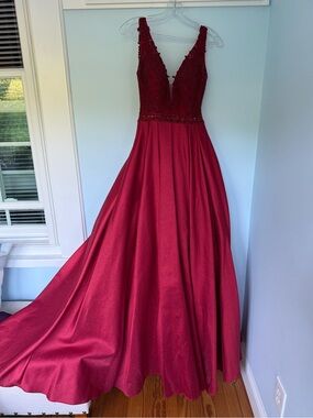 Deep Red Beaded V-Neck Gown